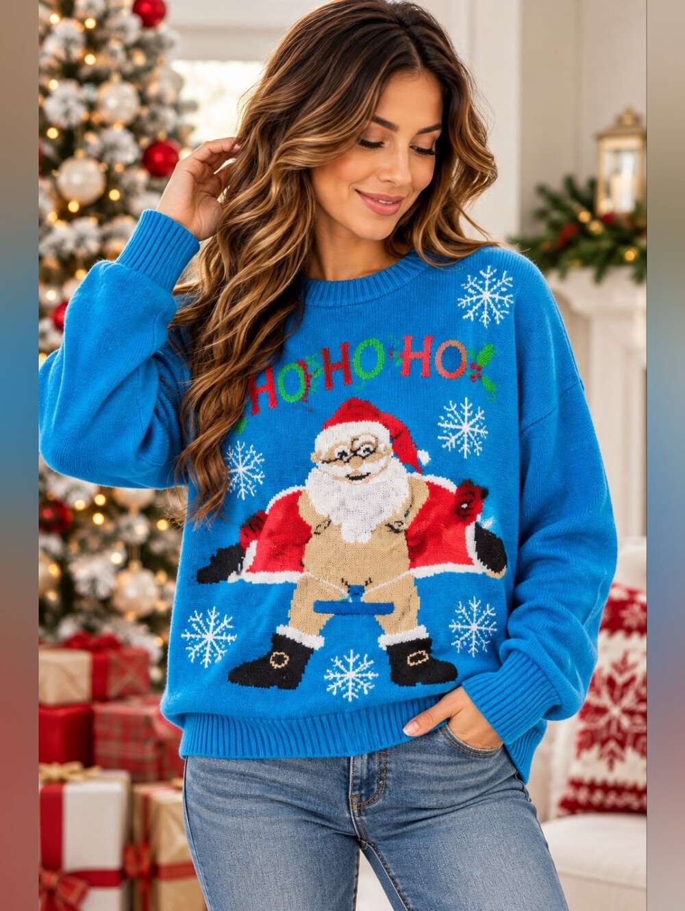 Ugly Sweater Store Santa Weightlifting Christmas Sweater Blue XL